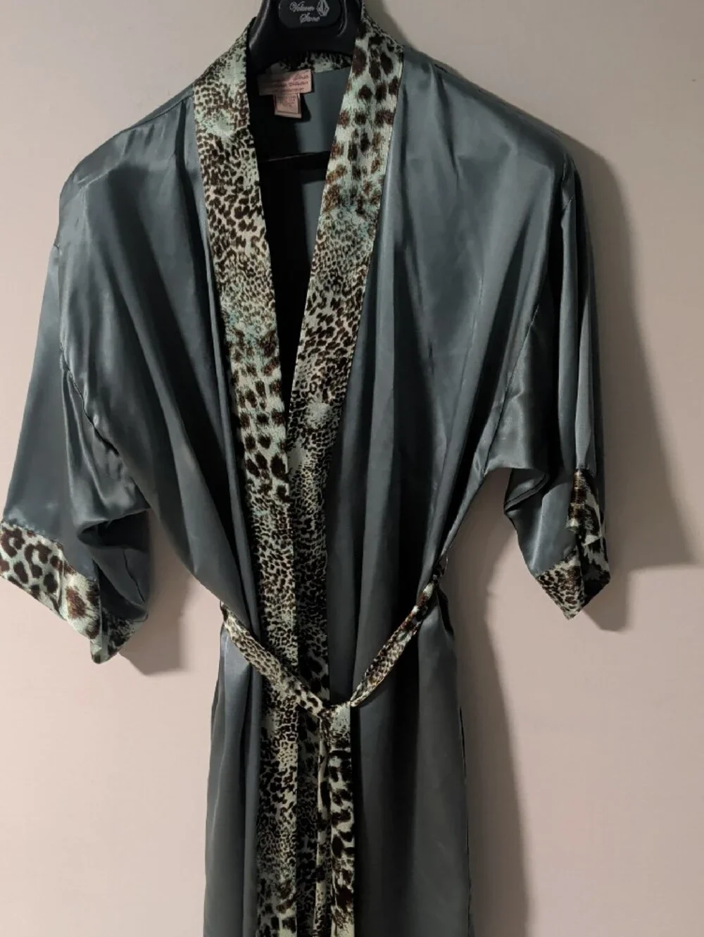 Silky Sage Leopard Trim Robe - Women's Silk Kimono Wrap Panthera Robe